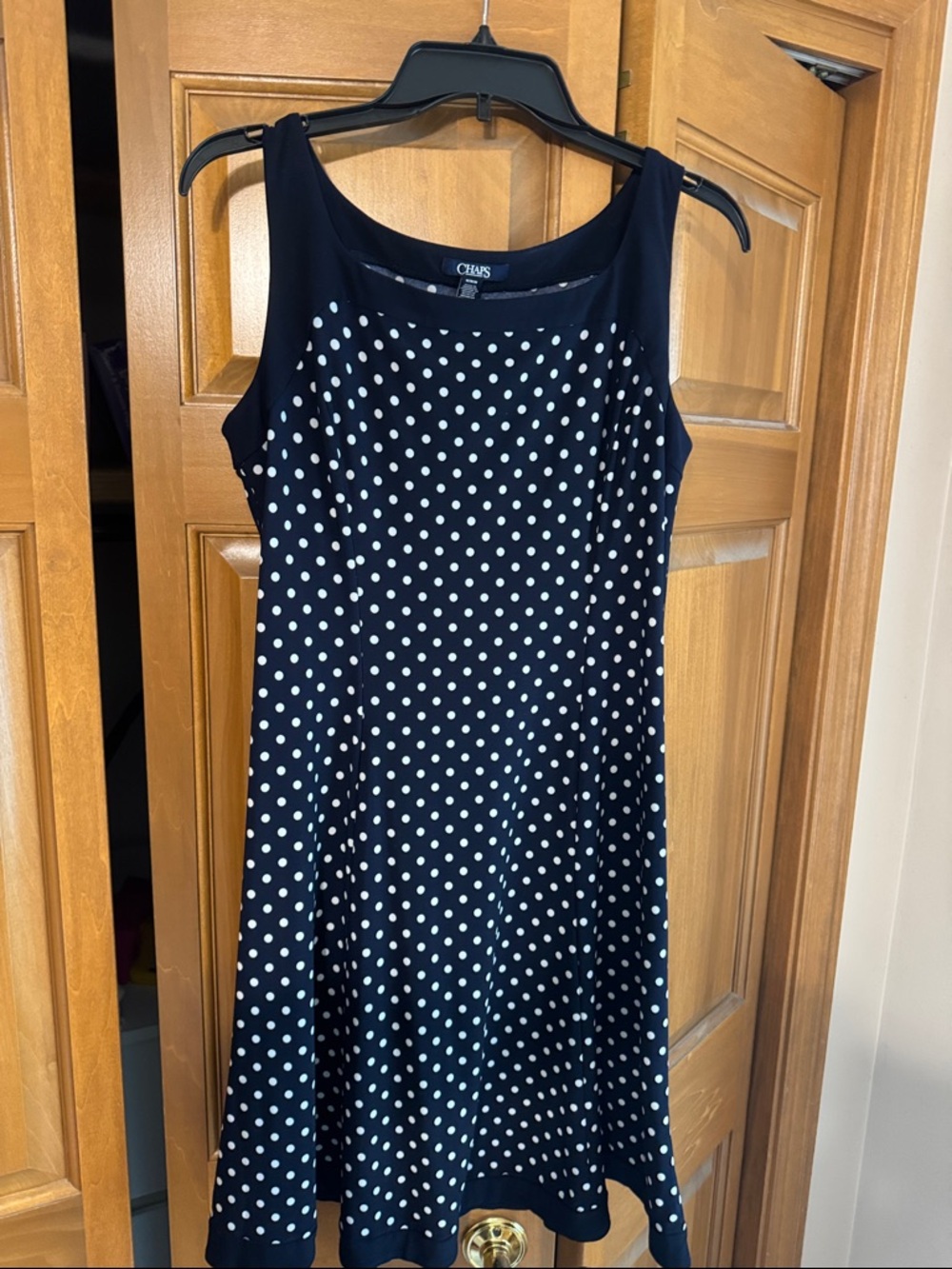 Chaps Navy and White Polka Dot Sleeveless Midi Dress